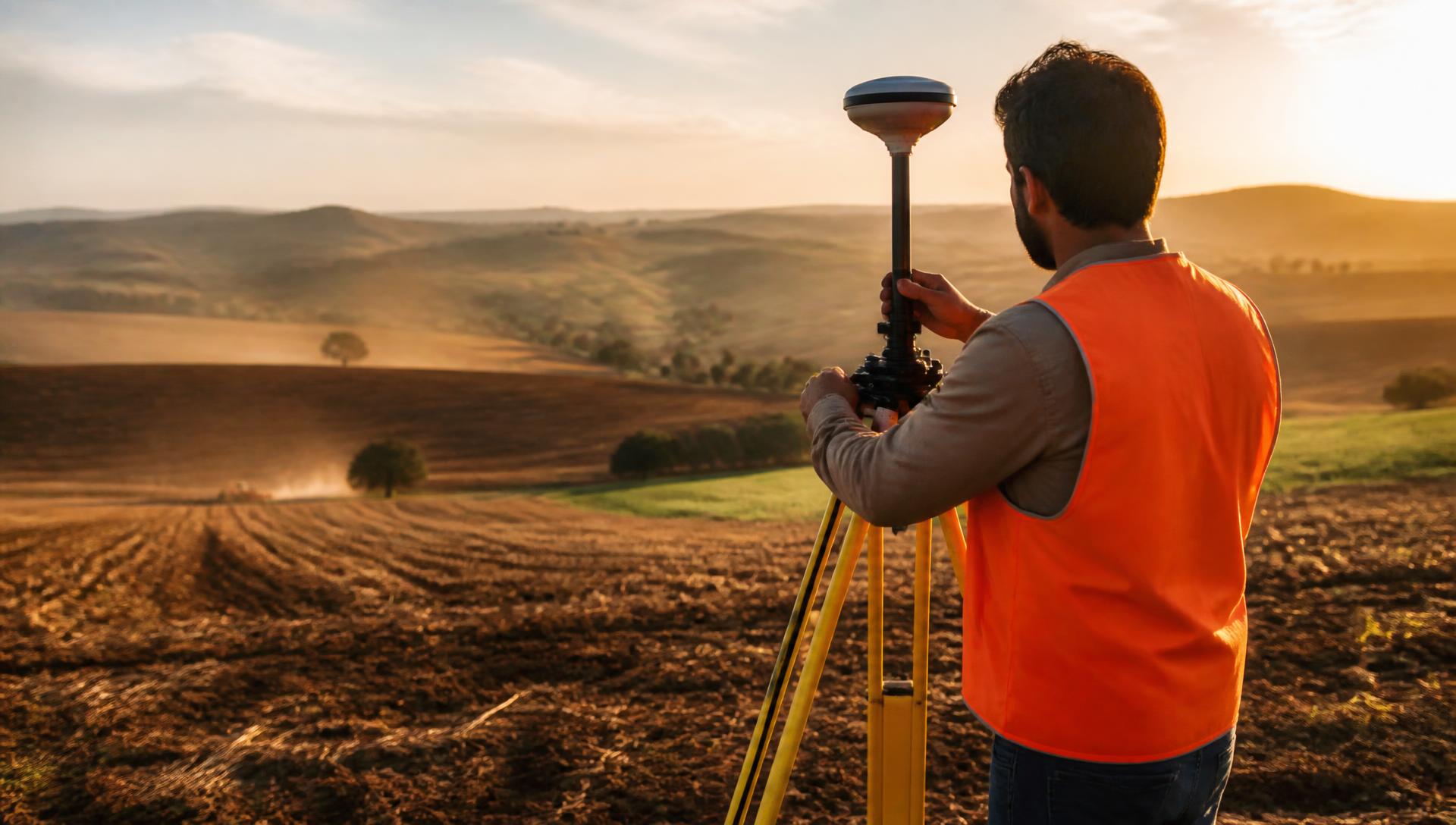 Engenheiro agrimensor operando receptor GNSS sobre tripé em área rural ao entardecer